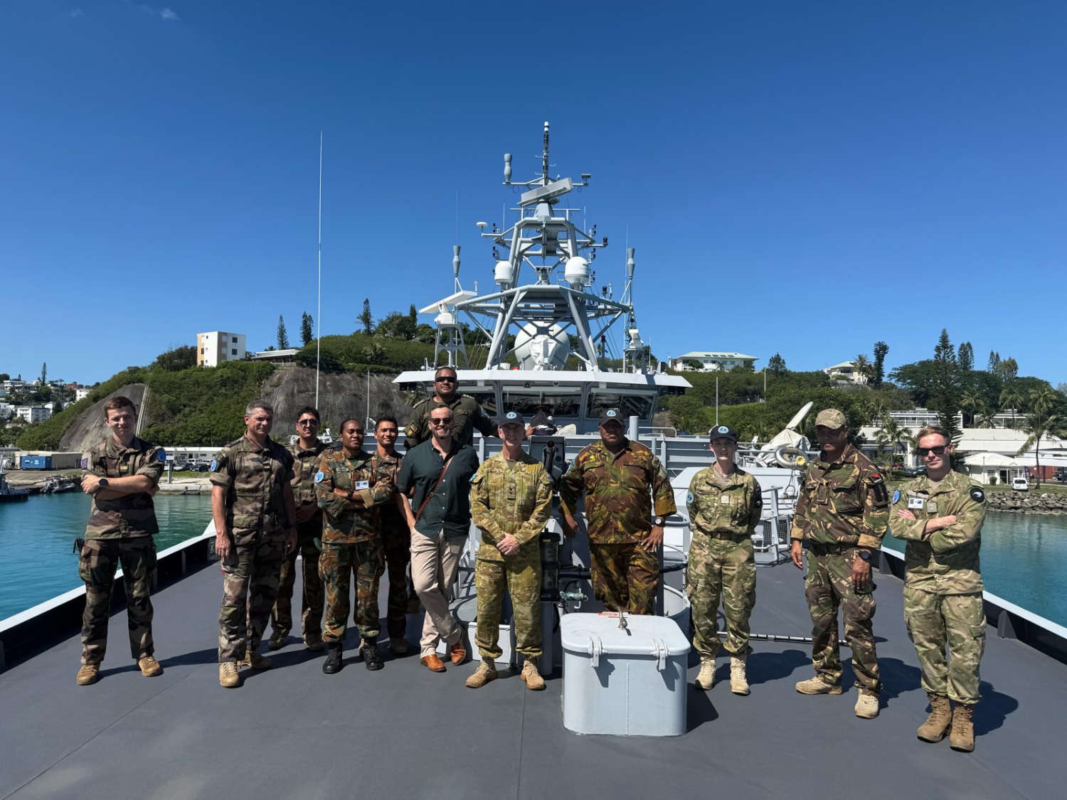 Members of the Pacific Response Group with other Exercise Croix du Sud 2025 participants aboard FV Auguste Bénébig.